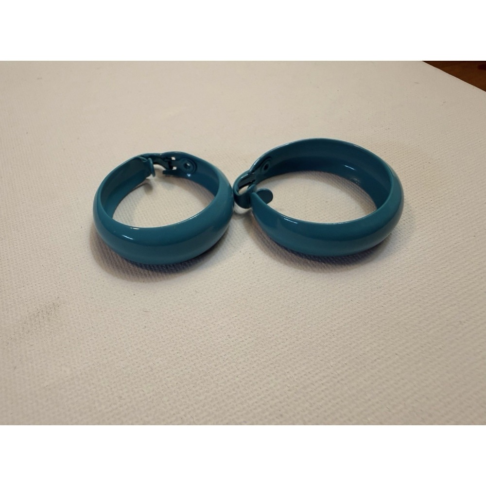 Vintage Blue Clip On Hoop Earrings Retro 80s Costume Jewelry Round